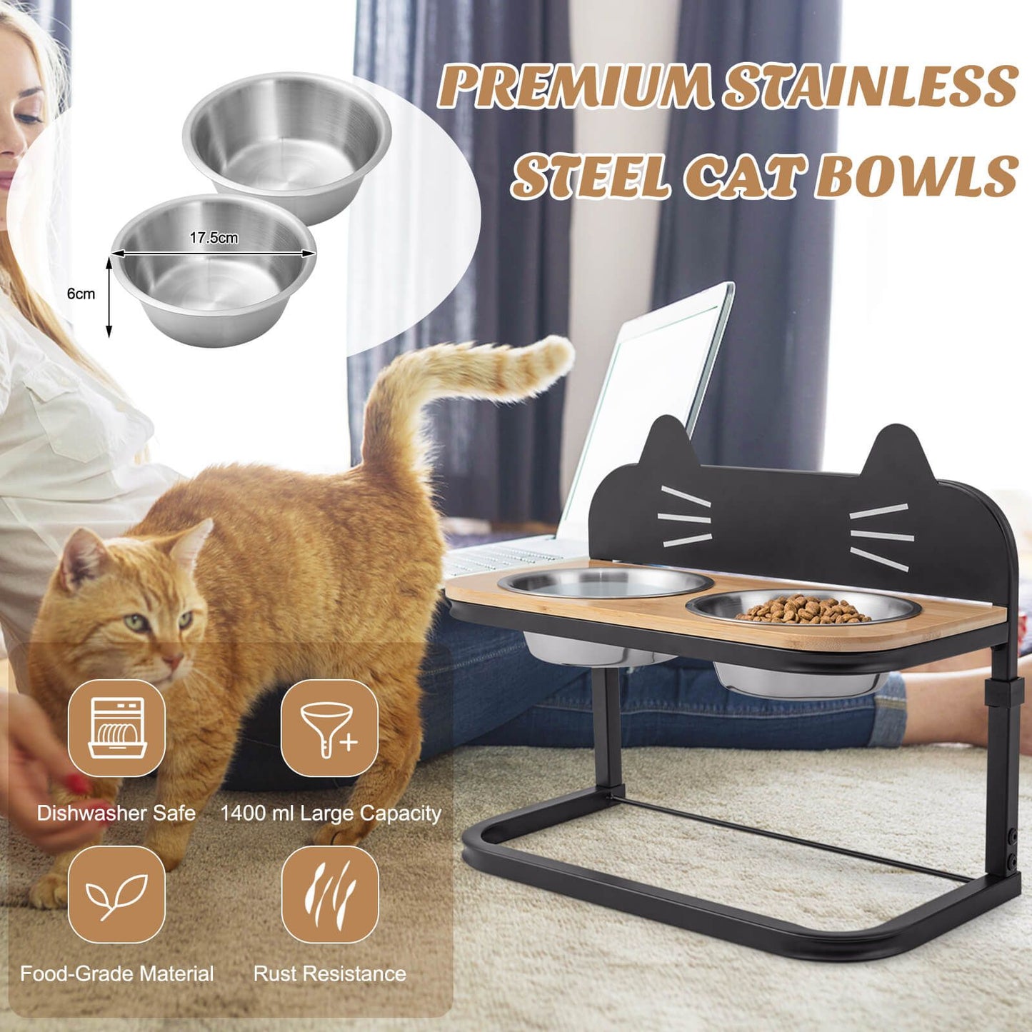 Elevated Pet Feeder for Cats with 2 Stainless Steel Bowls - Trenditeam.com