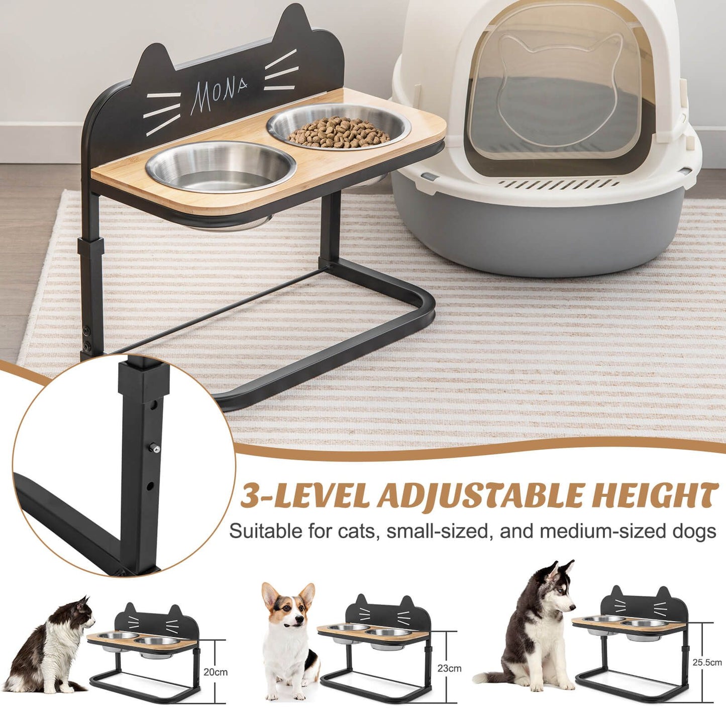 Elevated Pet Feeder for Cats with 2 Stainless Steel Bowls - Trenditeam.com
