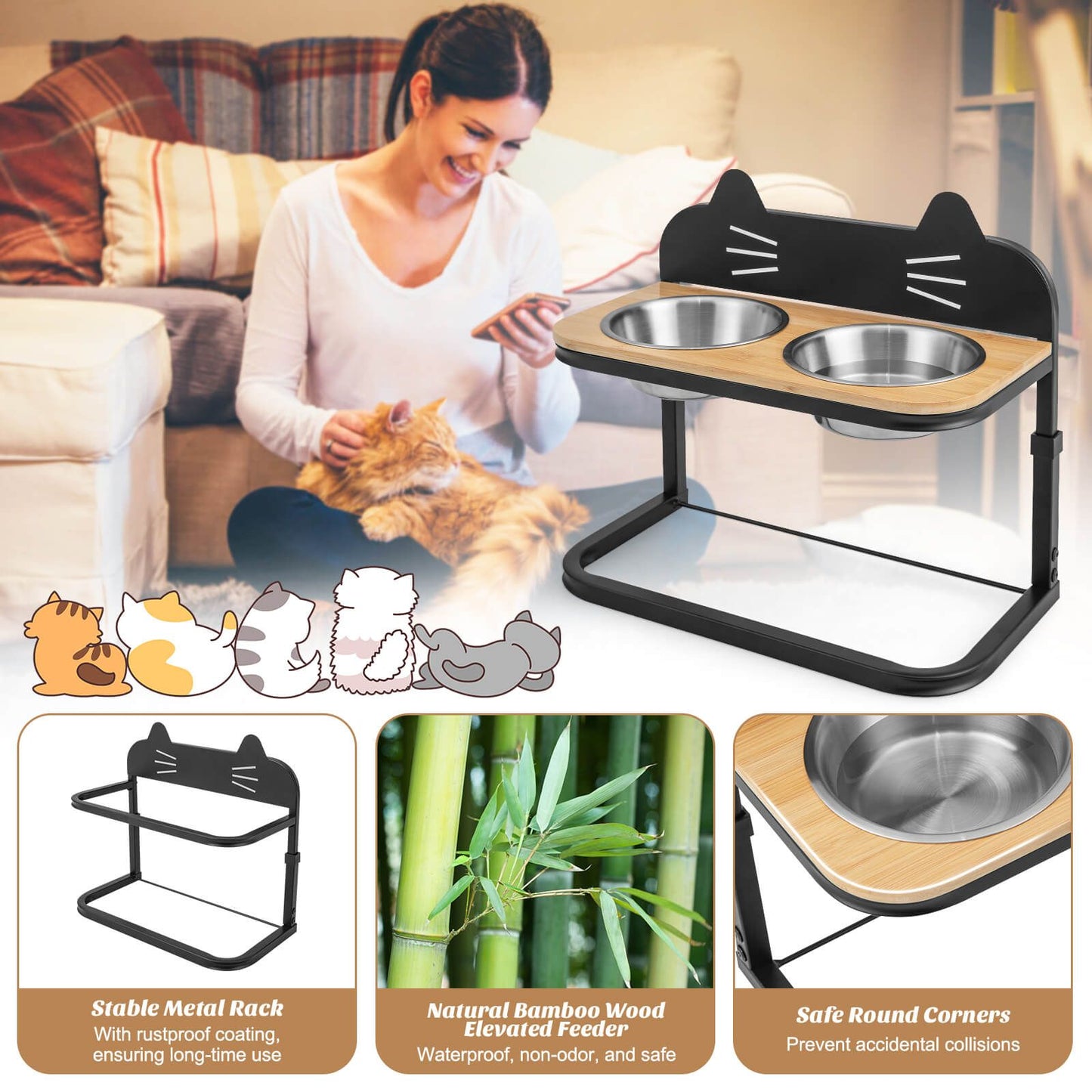 Elevated Pet Feeder for Cats with 2 Stainless Steel Bowls - Trenditeam.com